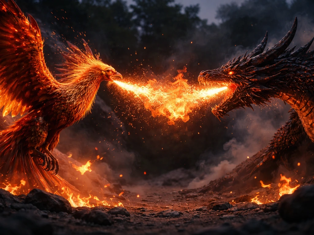 Phoenix with glowing feathers faces a scaled dragon breathing fire in a smoky dusk rocky clearing.