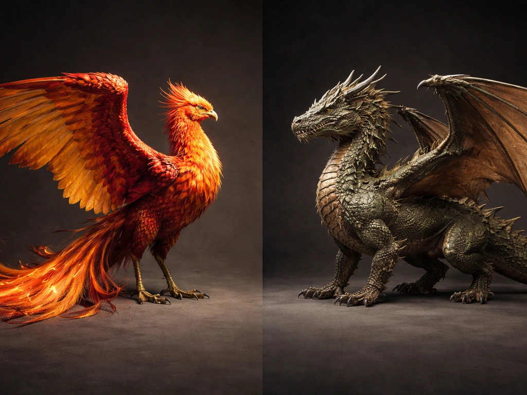 Side-by-side phoenix and dragon silhouettes showing feathers versus reptilian scales and wing shapes.
