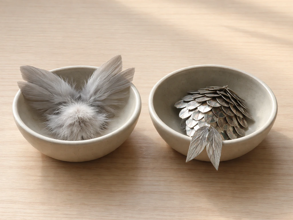 Two bowls showing scattered feathers on one side and scale-like pieces on the other for quick comparison.