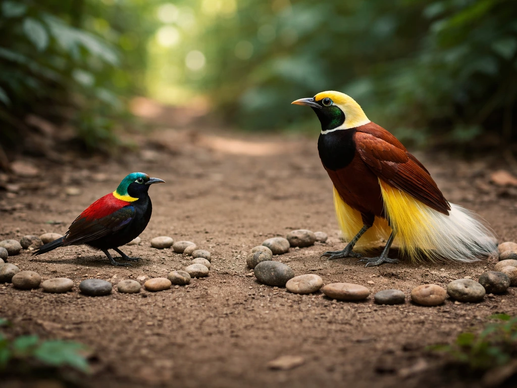 Two bird-of-paradise–like birds of clearly different sizes perched side-by-side in rainforest light.