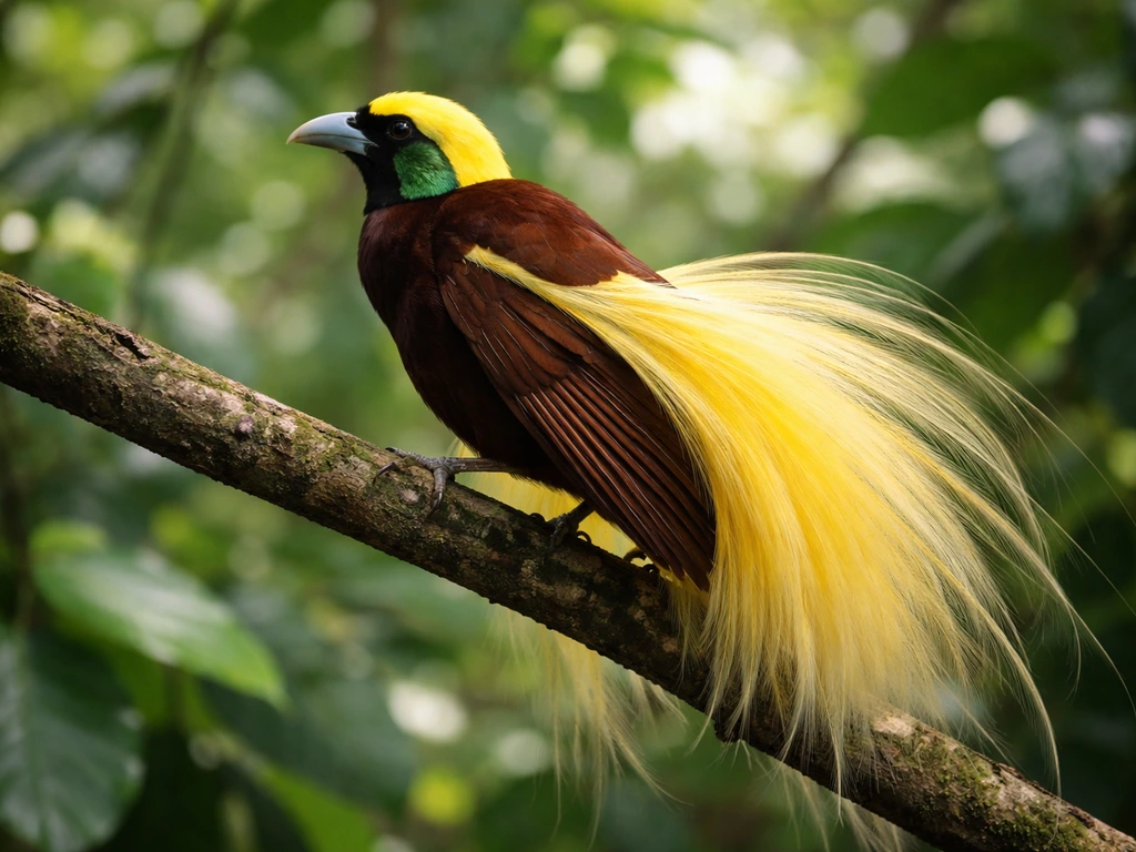 Greater bird of paradise perched on a rainforest branch with yellow crown and iridescent green throat.