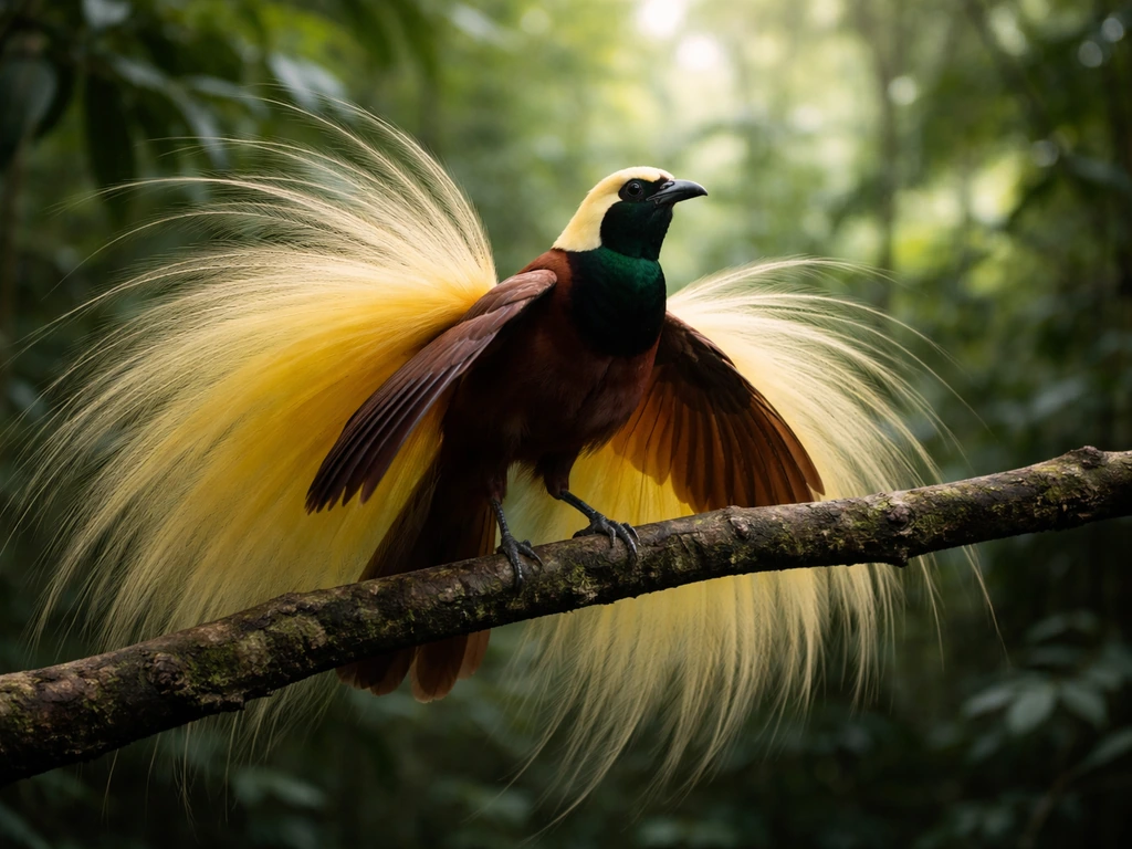 A male greater bird of paradise displays with fanned golden plumes on a rainforest branch.