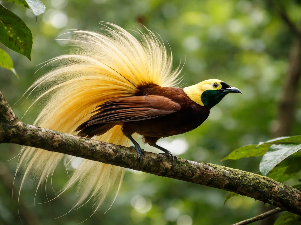 A lesser bird of paradise in courtship pose displaying its plume on a branch in soft rainforest light.