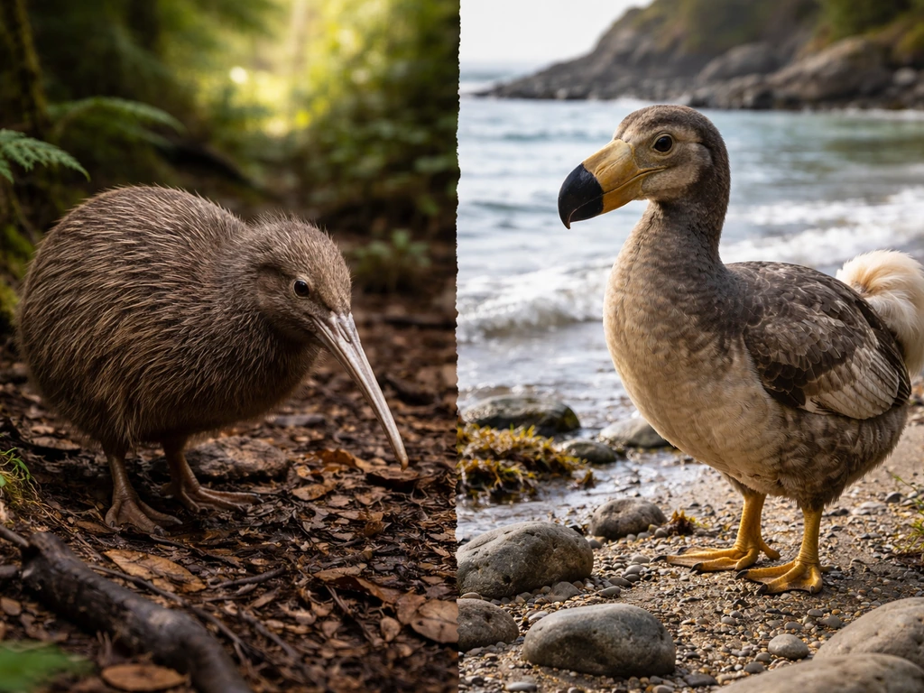 Kiwi in New Zealand leaf litter beside a dodo on a rocky shoreline, both flightless birds clearly contrasted.