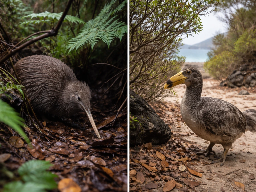 Split scene of a kiwi in New Zealand leaf litter and a dodo-like bird in coastal volcanic forest.