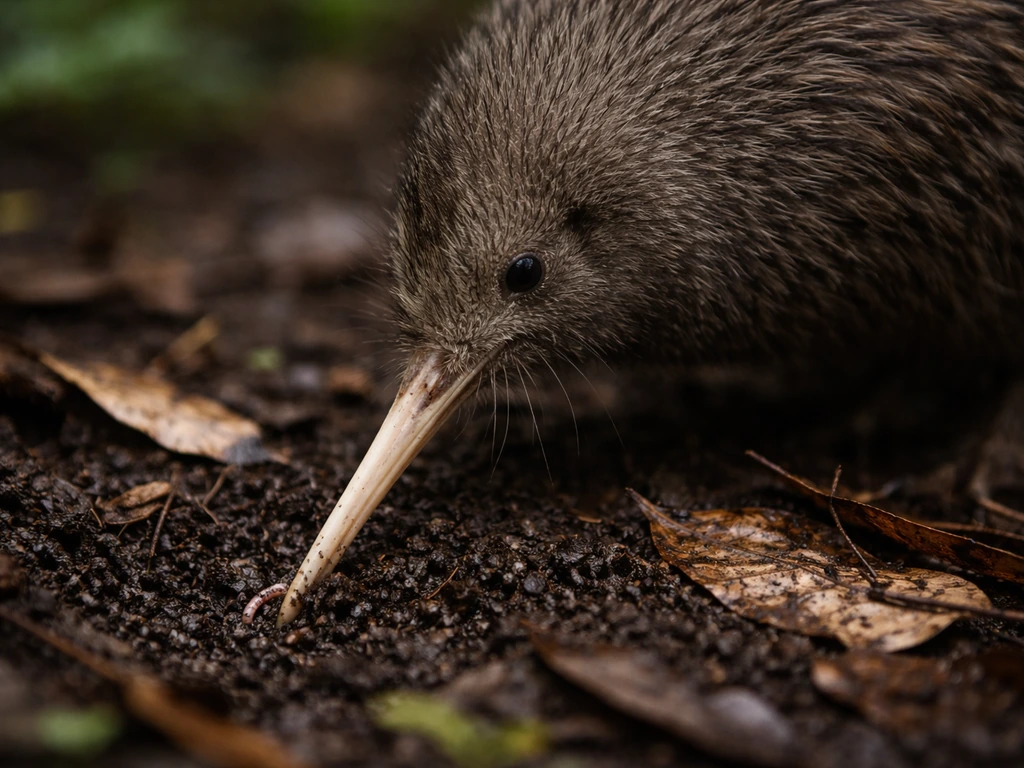 Kiwi probing soil and leaf litter with its long bill, near earthworm-like invertebrate in close-up.