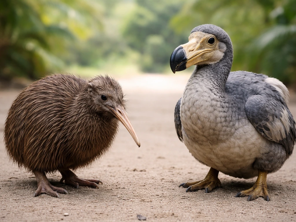 Two flightless birds shown side by side, with subtle cues indicating how people confuse kiwi and dodo.