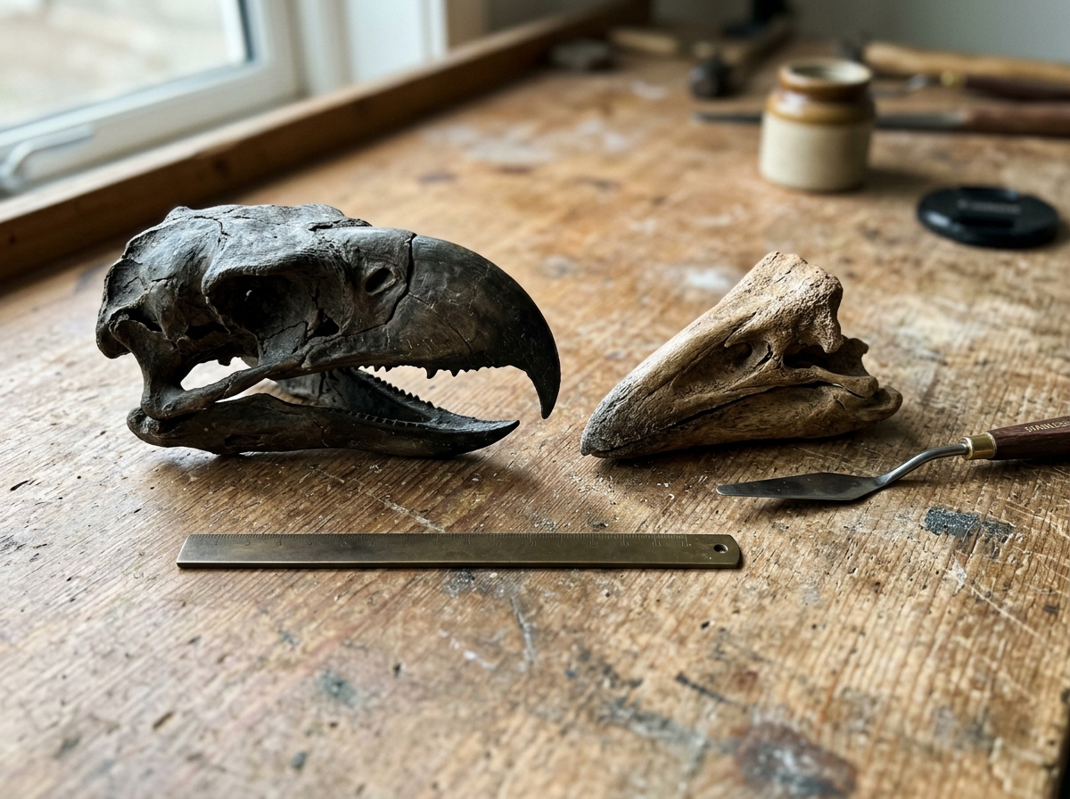 Close-up comparison of hooked terror-bird beak vs straight conical elephant-bird beak from fossils.