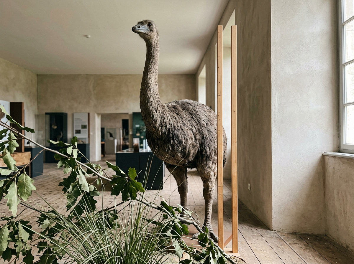 Terror bird feeding scene versus elephant bird browsing vegetation in side-by-side staged setup.