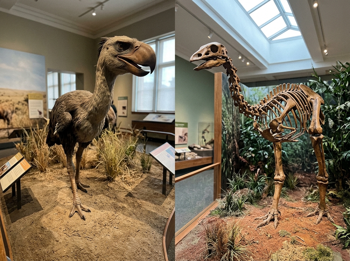 Elephant-bird scale context using a tall model standing next to a human-like reference and vegetation.