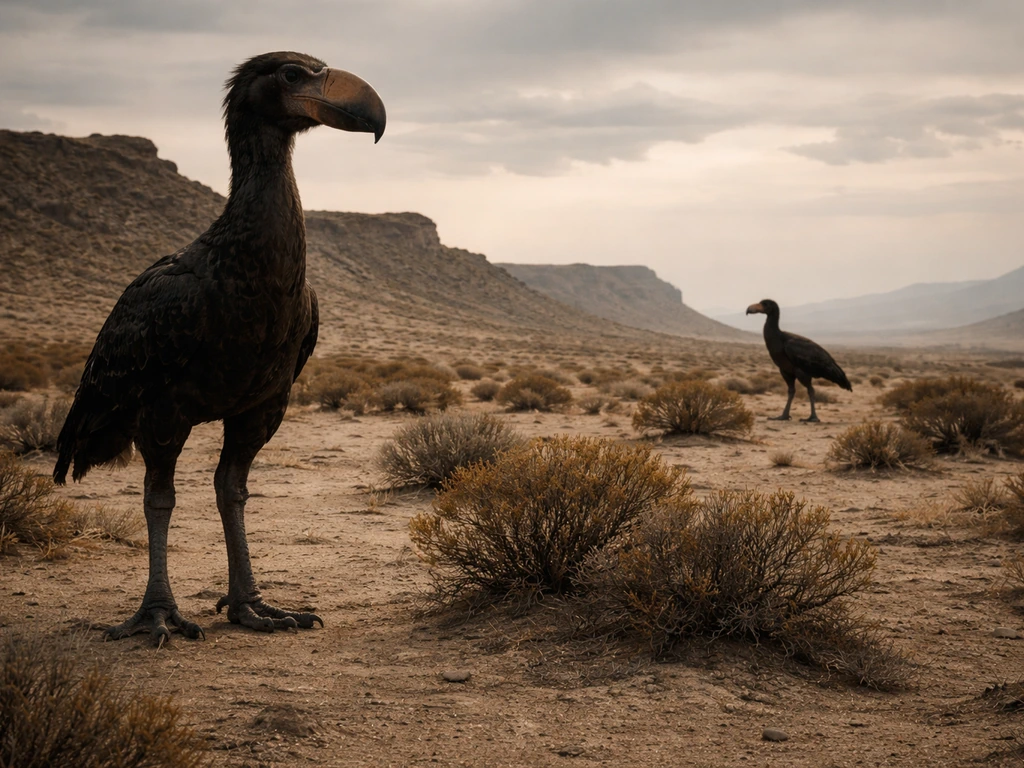Life-sized Kelenken silhouette in Miocene Patagonia with a smaller terror-bird companion in the background.