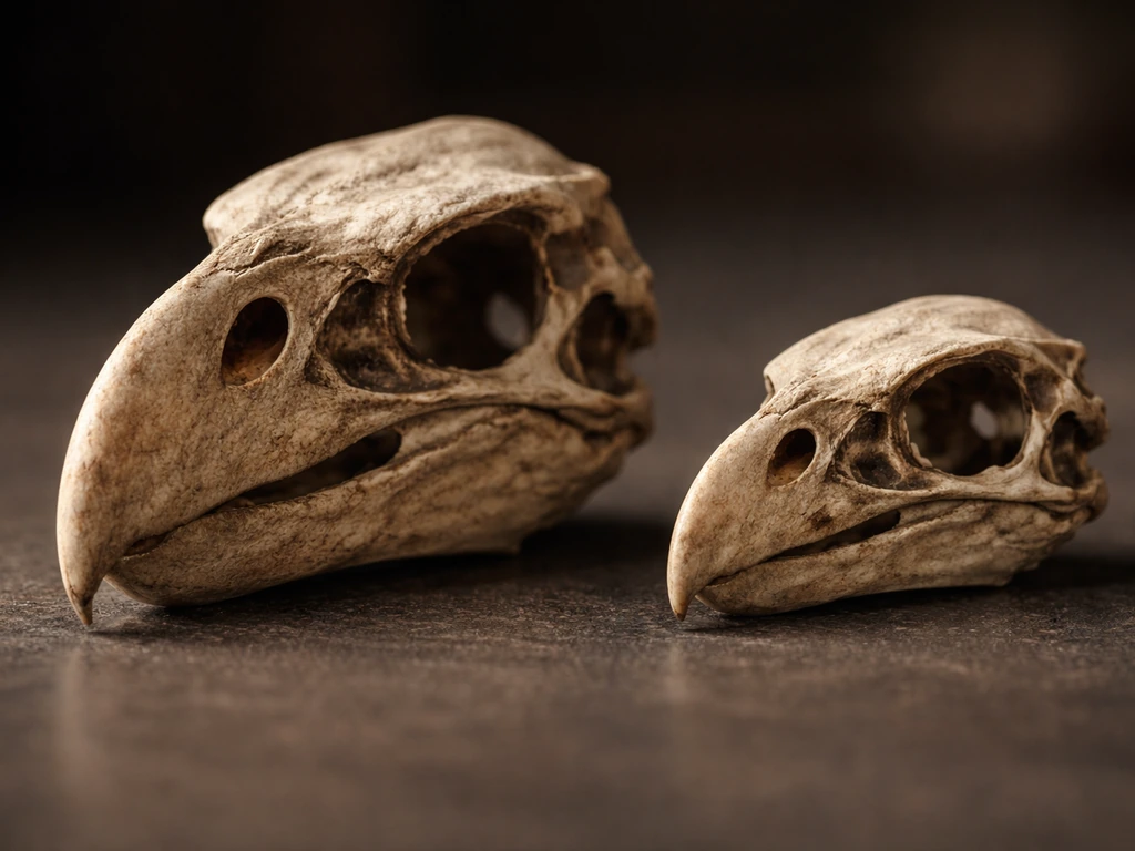 Macro close-up of two fossil skulls side-by-side, highlighting ridge and beak differences.
