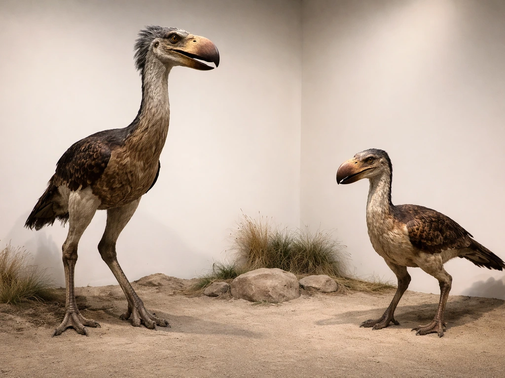 Museum diorama with two different terror bird models showing contrasting size and stance.