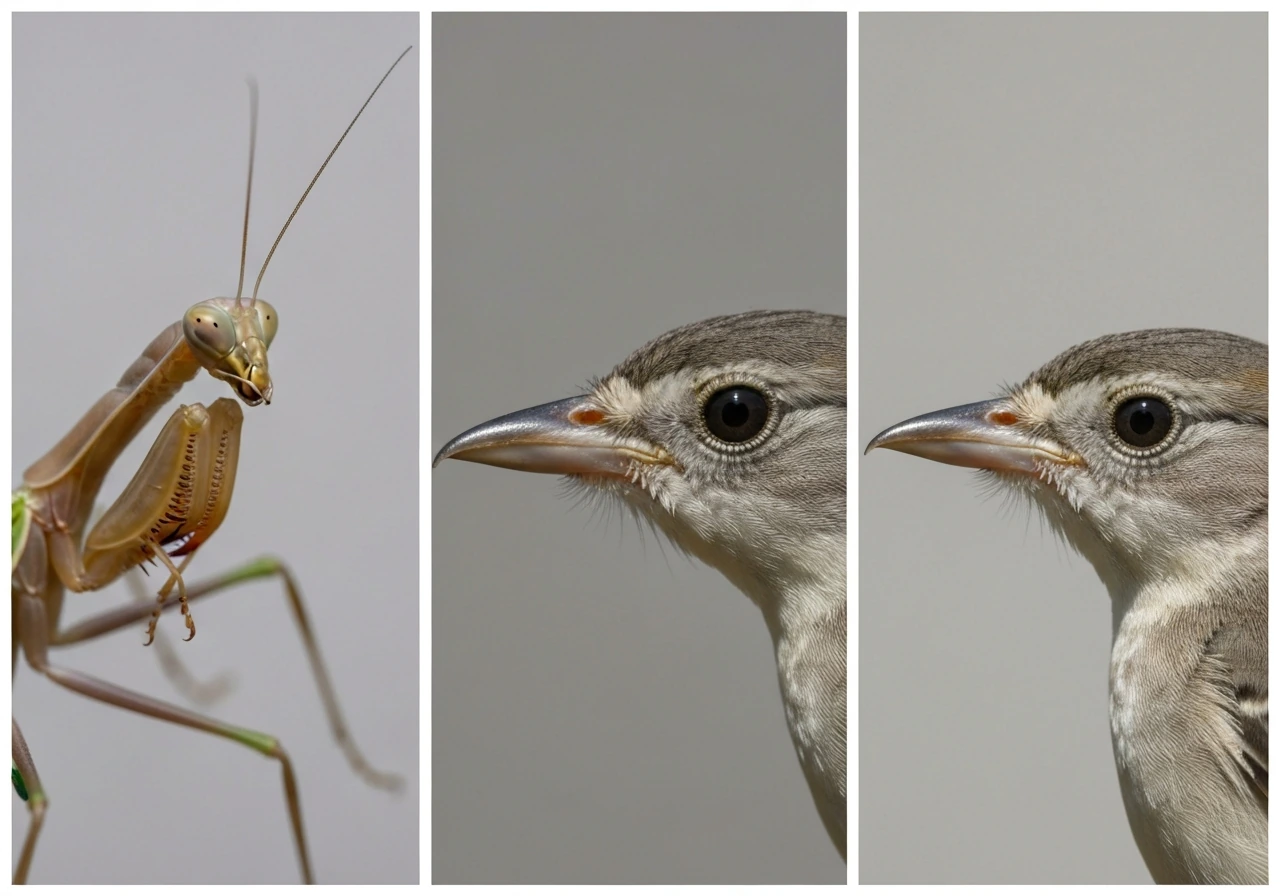 Split-photo checklist showing a mantis and a bird head/body comparison: feathers absent vs present, forelegs/antennae vs