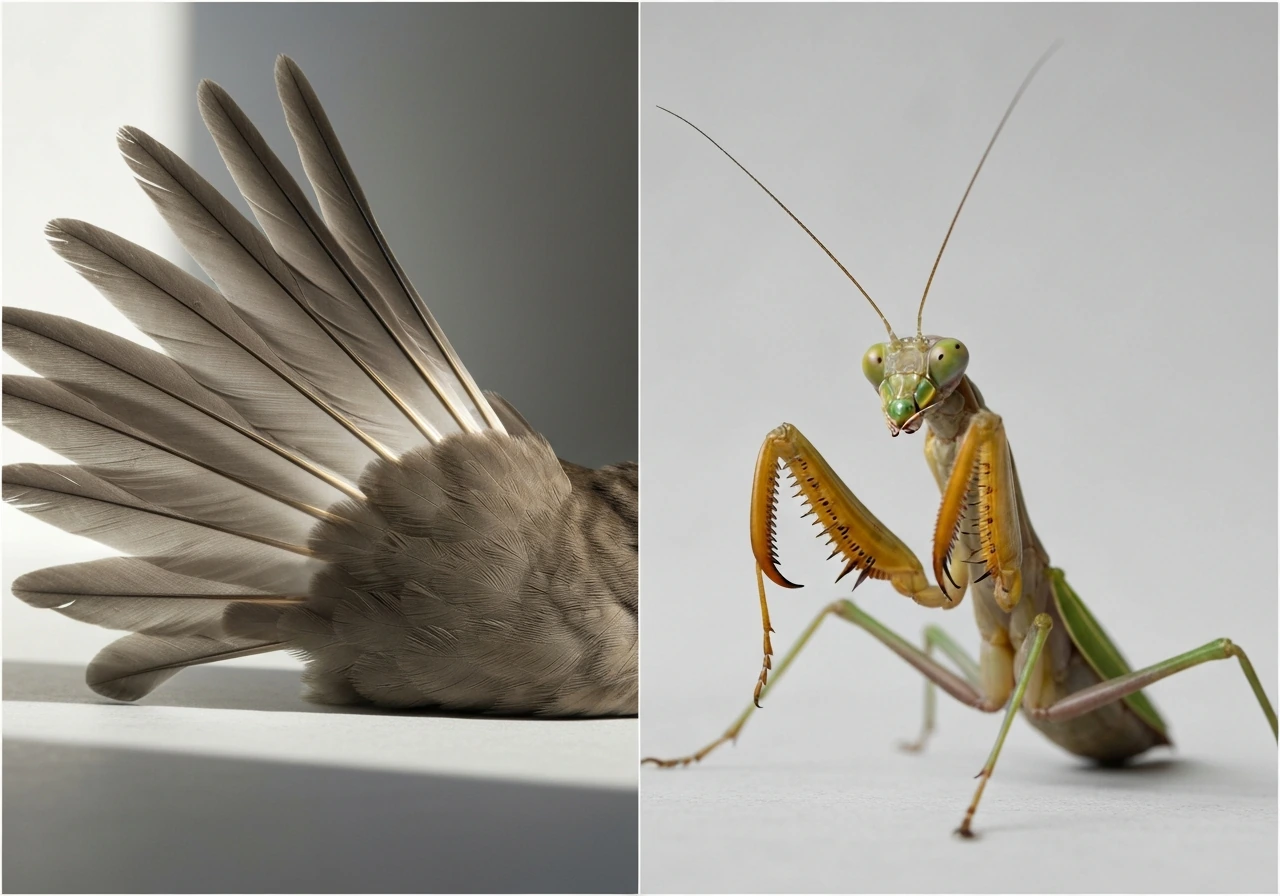 Side-by-side close-ups comparing bird wing feathers and a mantis head, thorax, and forelegs.