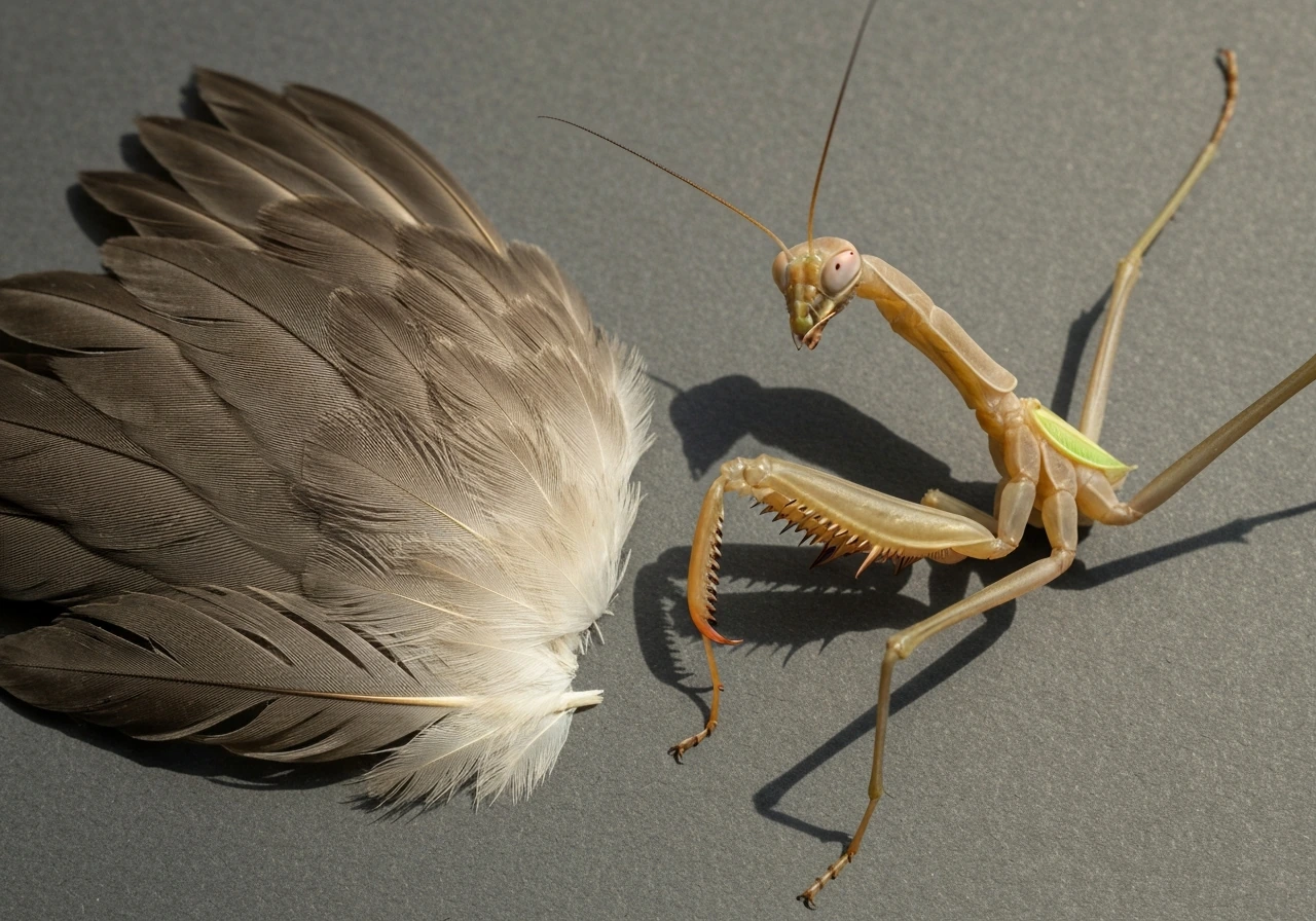 Macro close-up contrasting feather texture on a bird wing with a mantis chitin exoskeleton and jointed legs