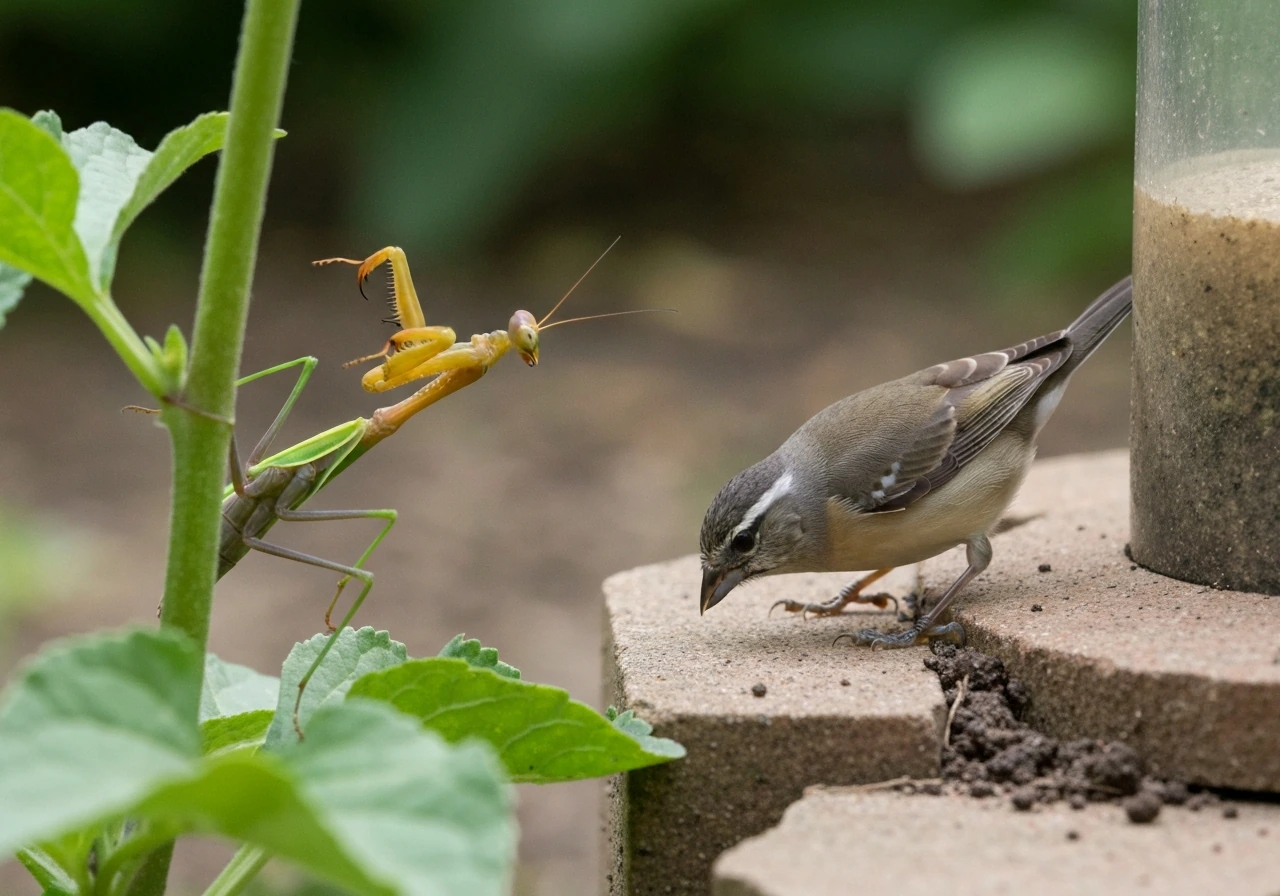 A praying mantis crouches in a plant with forelegs raised while a bird forages on the ground nearby