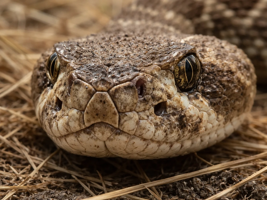 Macro close-up of a rattlesnake head showing patterned scales and heat-sensing facial pits near the eyes.