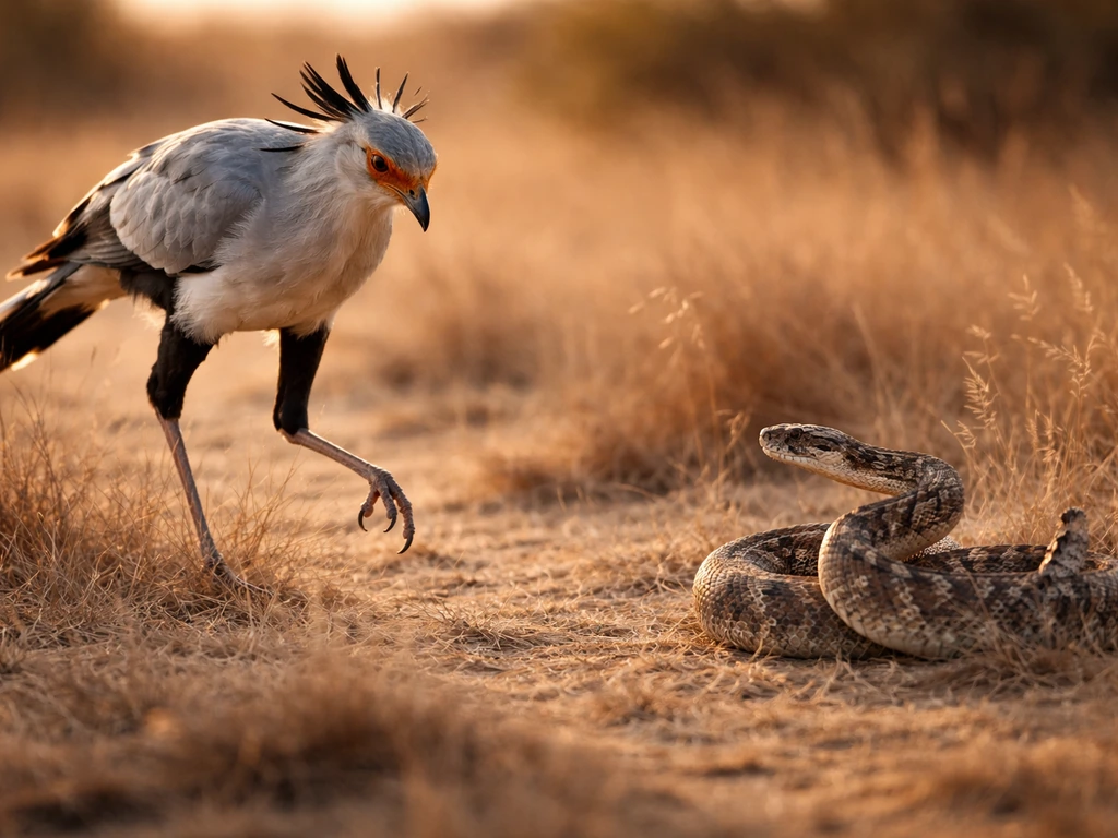 Secretary bird stalking on grass with one foot raised beside a rattlesnake in defensive strike posture