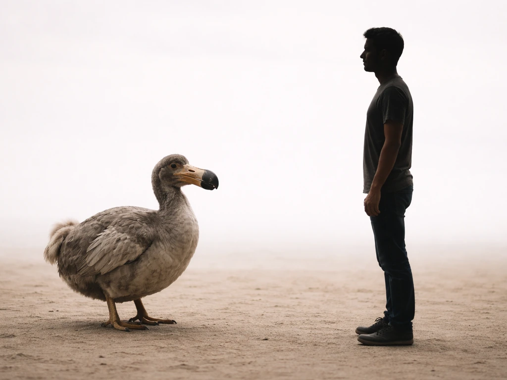 Dodo bird and human silhouette shown side by side, highlighting flightlessness vs upright stance.