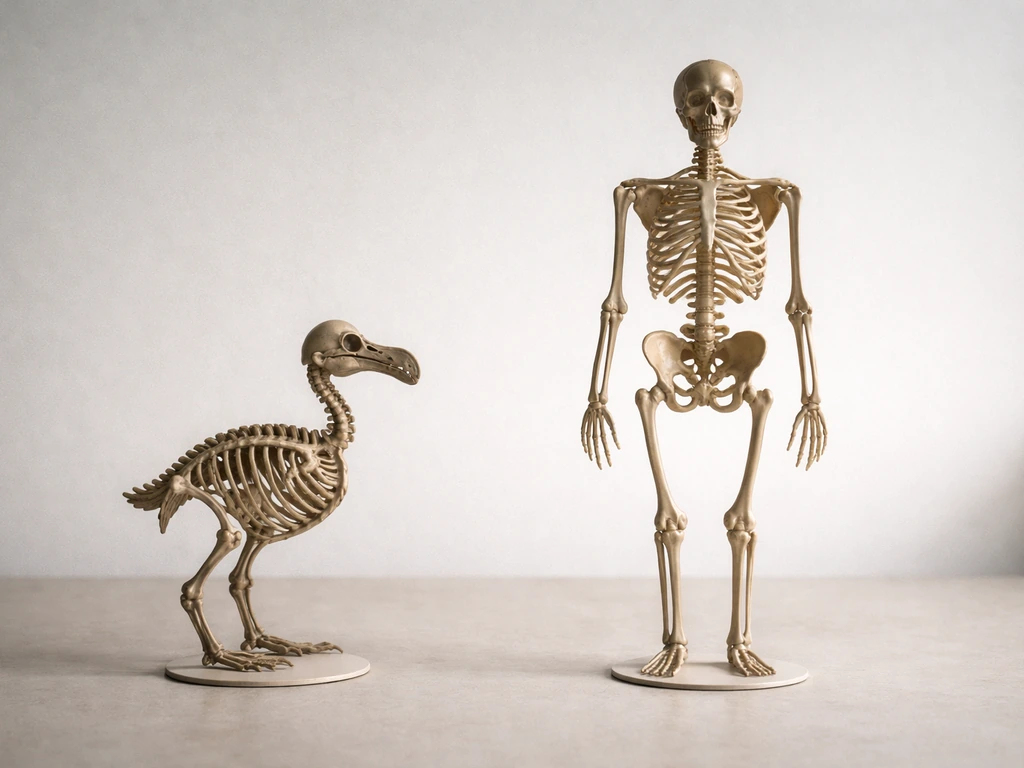 Minimal side-by-side skeletal comparison: dodo-like cross-section vs human skeleton on a plain tabletop.