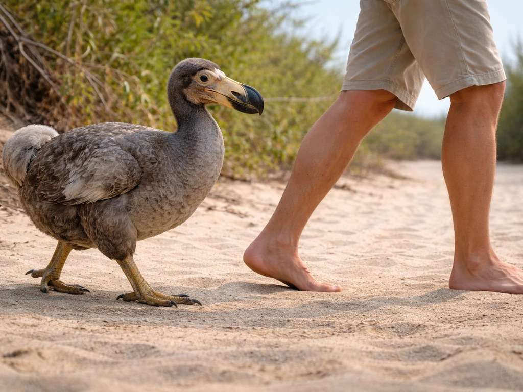 A dodo on the ground walking beside a human taking steps, highlighting flightlessness.