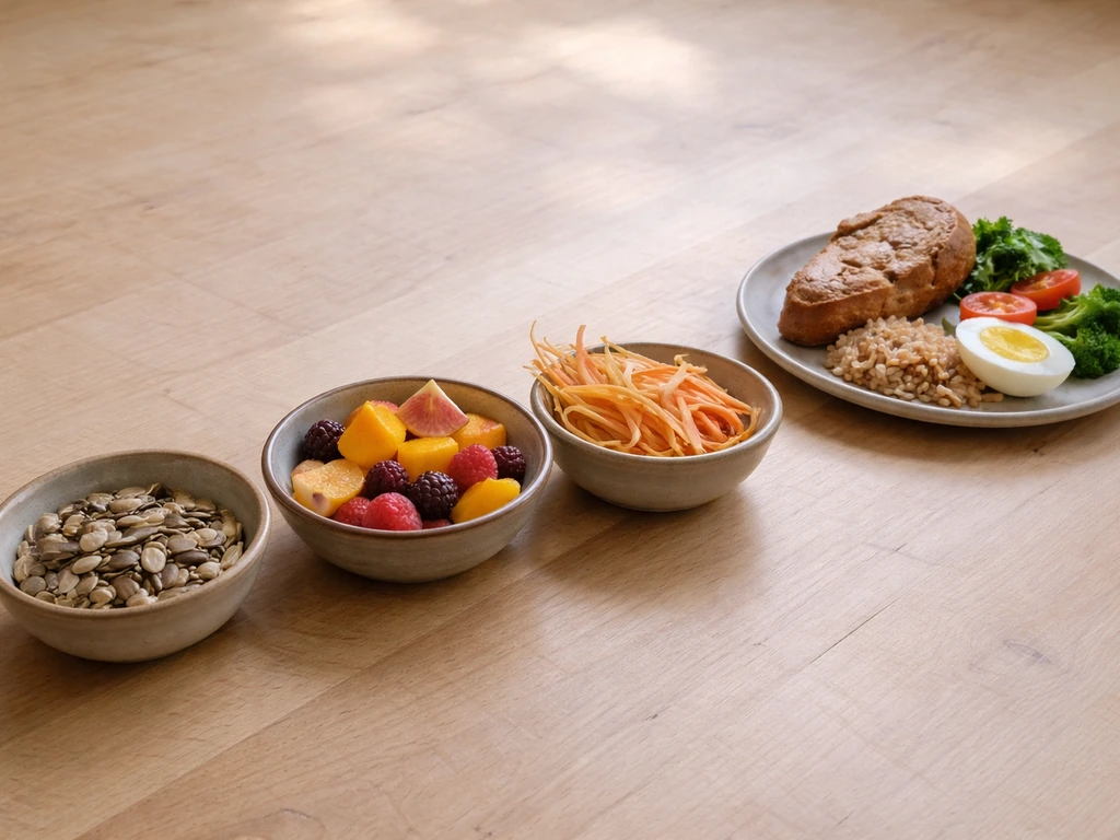 Minimal tabletop scene with bowls of seeds and fruit alongside a small plate of mixed human foods.