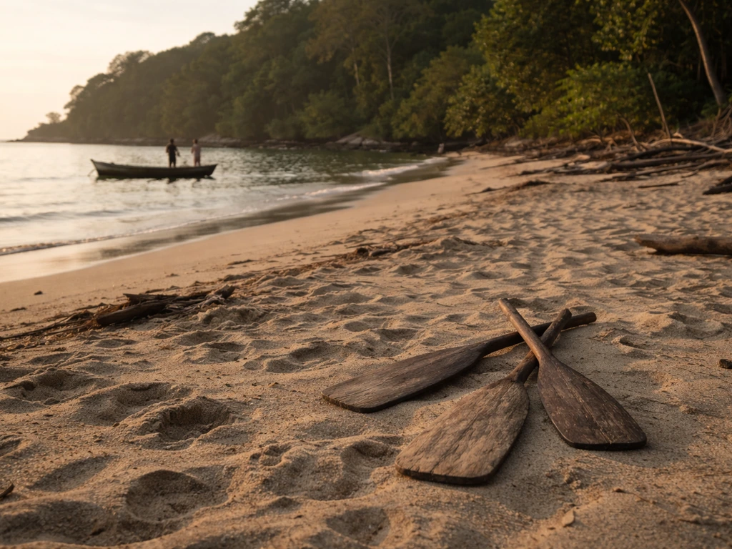 A remote island shore with distant small boats and footprints, suggesting human hunting and habitat disruption