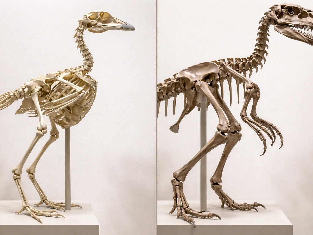 Close-up of adjacent bird and dinosaur skeletons in a museum display, highlighting differences in tail and wrist bones.