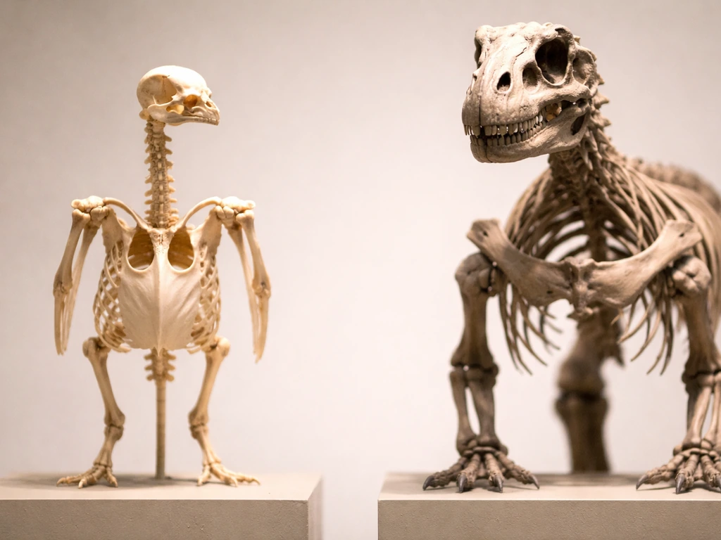 Museum photo of a bird and non-avian dinosaur skeleton showing the bird’s keeled sternum and wishbone.