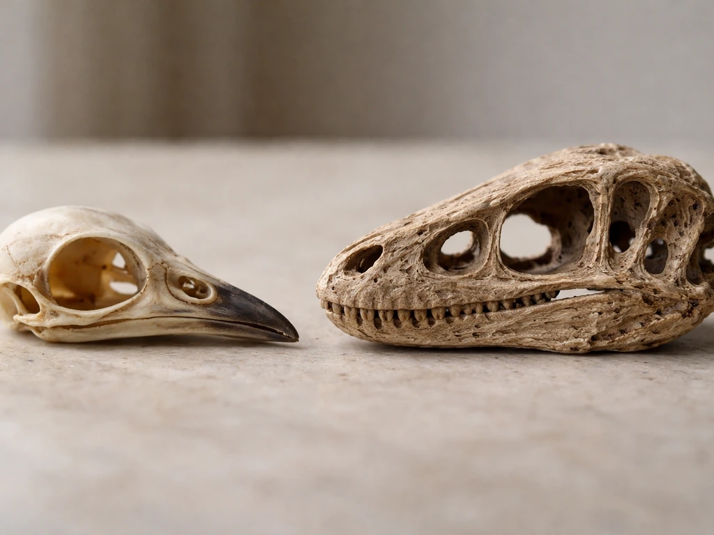 Close-up fossil and modern bird skulls side view showing beak narrowing, eye sockets, and skull openings