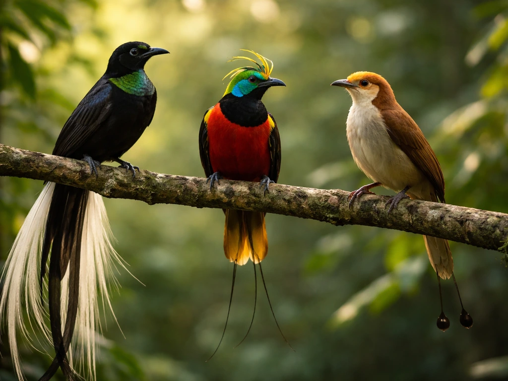 Two to three vivid bird-of-paradise types perched side-by-side in a lush rainforest, highlighting plumage differences.