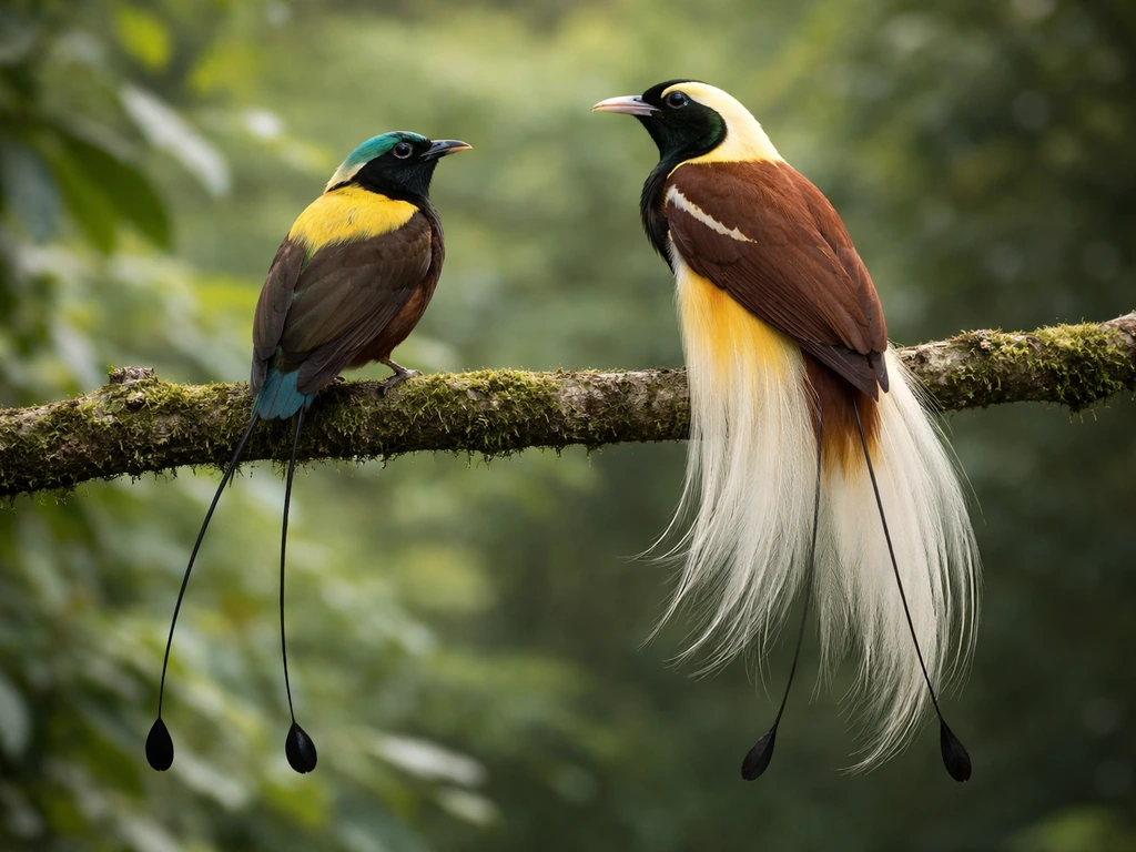 Two birds-of-paradise perched side-by-side on a branch, highlighting plumage and tail wires in natural light.