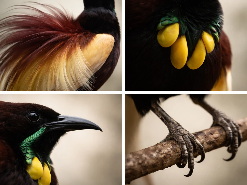 Close-up collage of bird-of-paradise plumes, wattles, beak shape, and gripping feet on a perch.