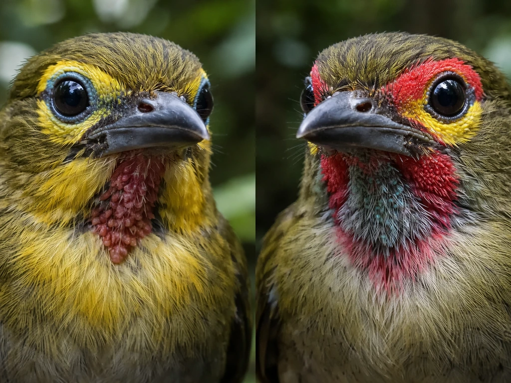 Close-up of two small birds’ faces showing distinct bare-skin patches, wattles, and eye-rings.