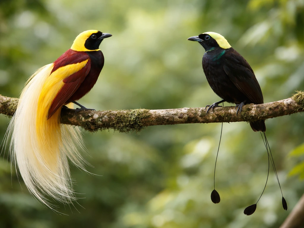 Two similar bird-of-paradise birds side-by-side, emphasizing differences in visible plume and tail traits.