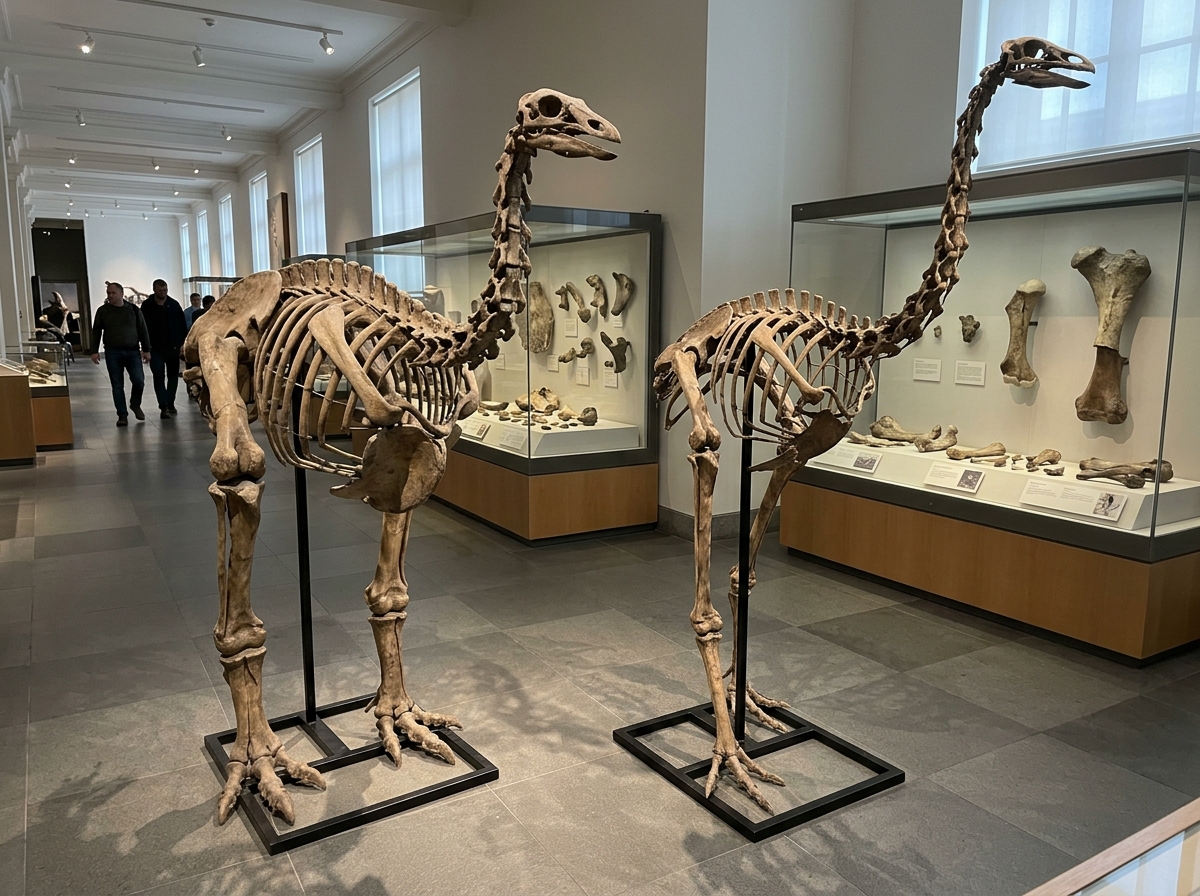 Elephant bird and moa skeleton reconstructions showing different orders and habitats