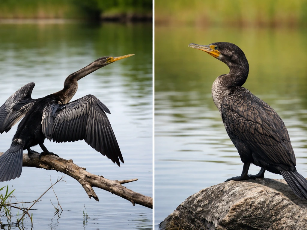 Two birds—one with a long neck and angled posture, one with a darker streamlined body—in a quiet lakeside scene.