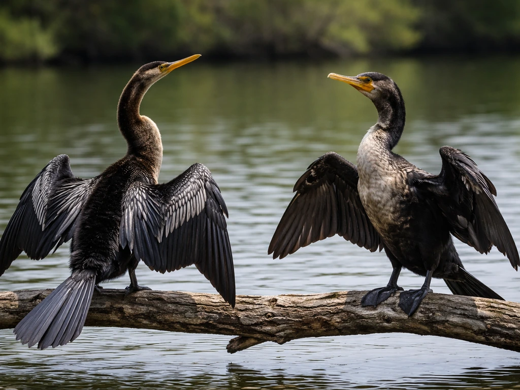 Anhinga and double-crested cormorant perched on a branch with wings partially spread side by side.