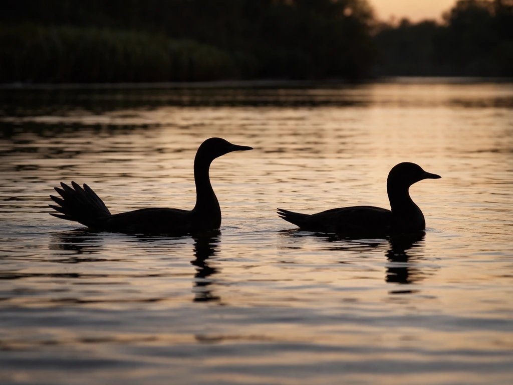 Side-view silhouettes on a river: one with long thin neck and fan tail, the other with shorter proportions.
