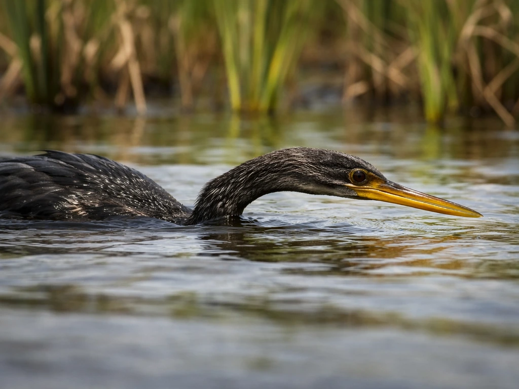 An anhinga hunting with its head forward at the waterline, ripples in a quiet wetland.