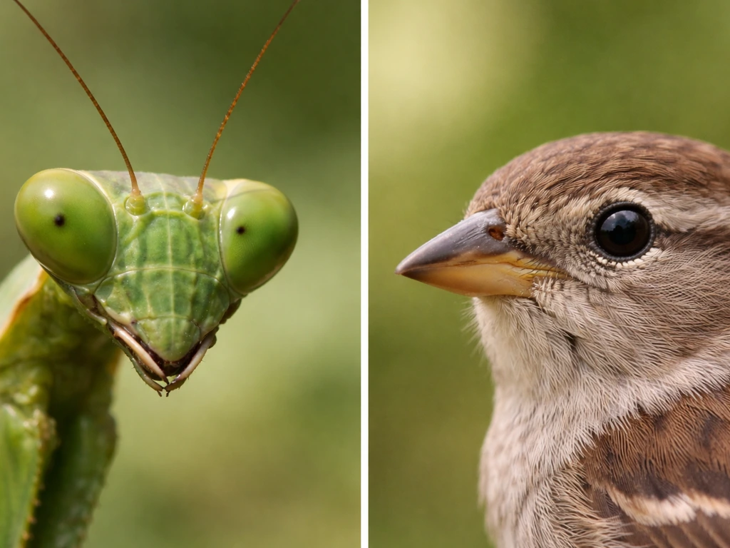 Side-by-side close-up of a triangular praying mantis head and a bird head with a beak