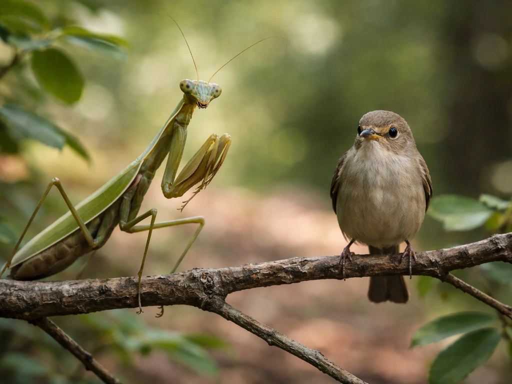 Close side-by-side view of a mantis on a branch next to a small garden bird perched nearby, showing size and posture