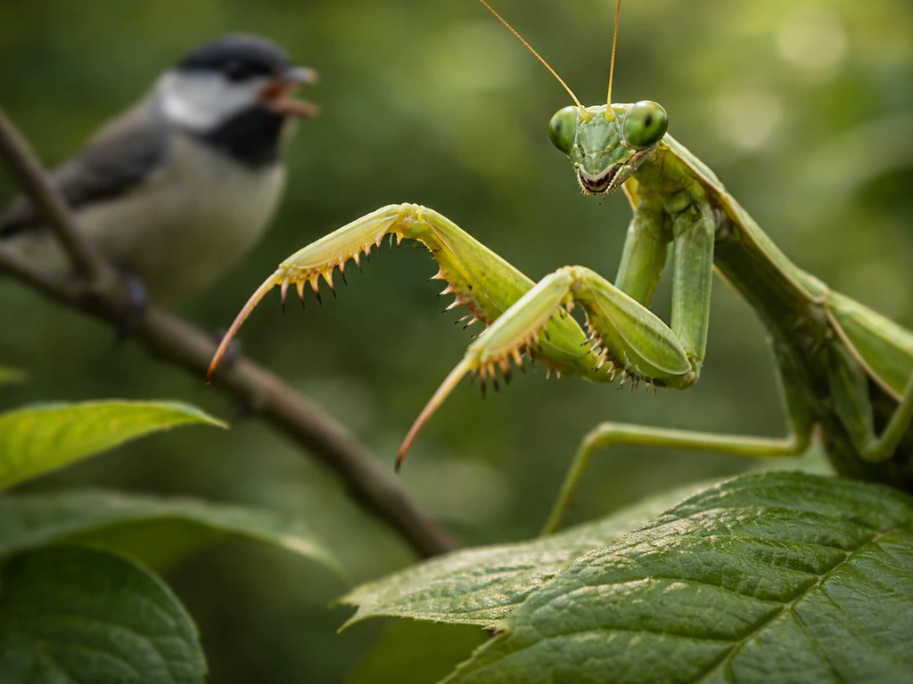 Praying mantis mid-strike extending spined forelegs toward small prey; out-of-focus bird nearby with open beak