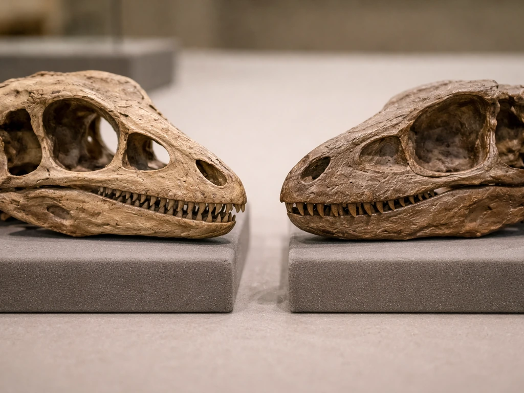 Side-by-side museum close-up of theropod skulls highlighting the antorbital fenestra differences.