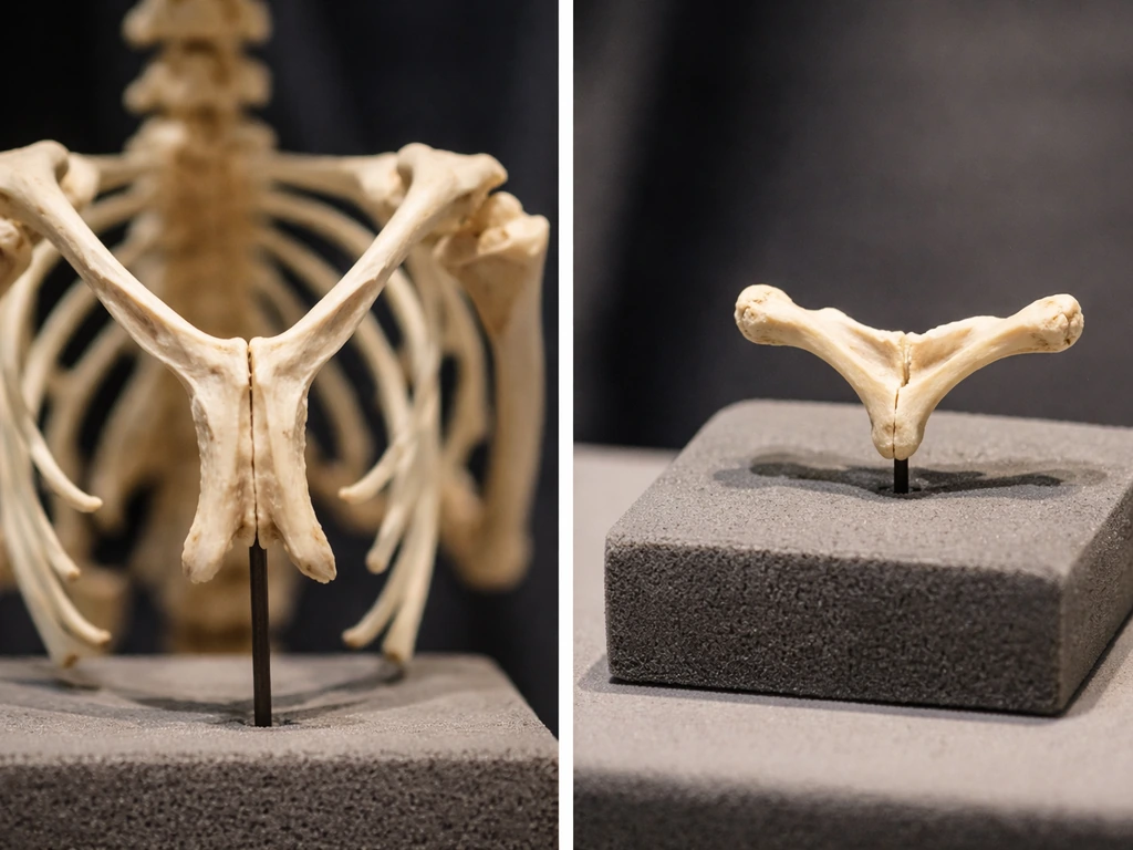 Close-up of a bird skeleton wishbone-like furcula beside fused clavicles, minimal museum display.