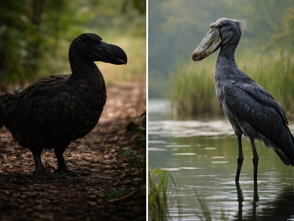 Side-by-side silhouettes comparing a dodo-like bird and a shoebill, highlighting beak and legs.