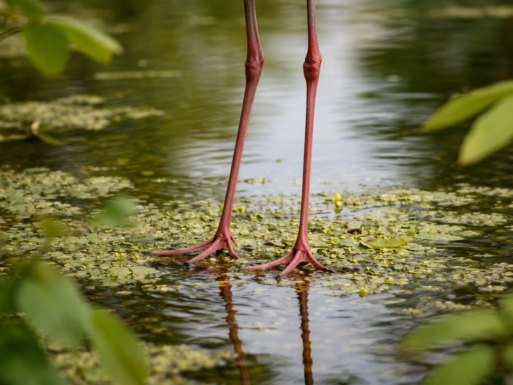 Close-up of a stilt-legged bird standing on floating vegetation over water, focused on legs and habitat cues.