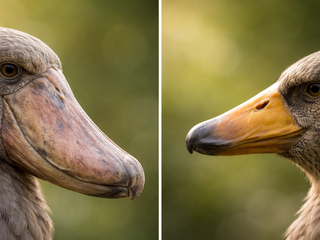 Extreme close-up of a broad, shoe-like bill shape beside a shorter, heavier bill-like shape in a clean nature backdrop.