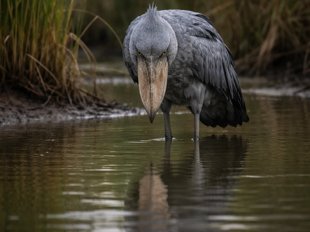 Shoebill wading motionless in shallow swamp water with its beak aimed down for an ambush strike.